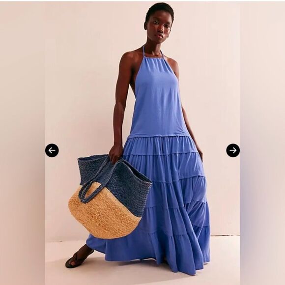 Nwt Free People Somewhere Sunny Drop-Waist Maxi Dress Baja Blue - Picture 1 of 9